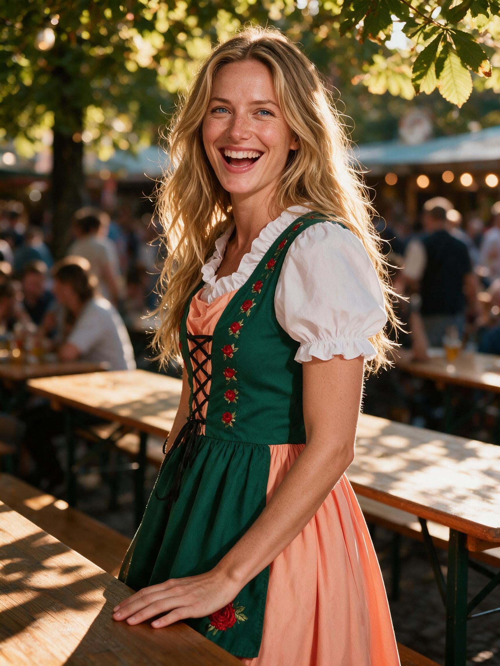 Woman wearing the green rose dirndl in a Bavarian beer garden