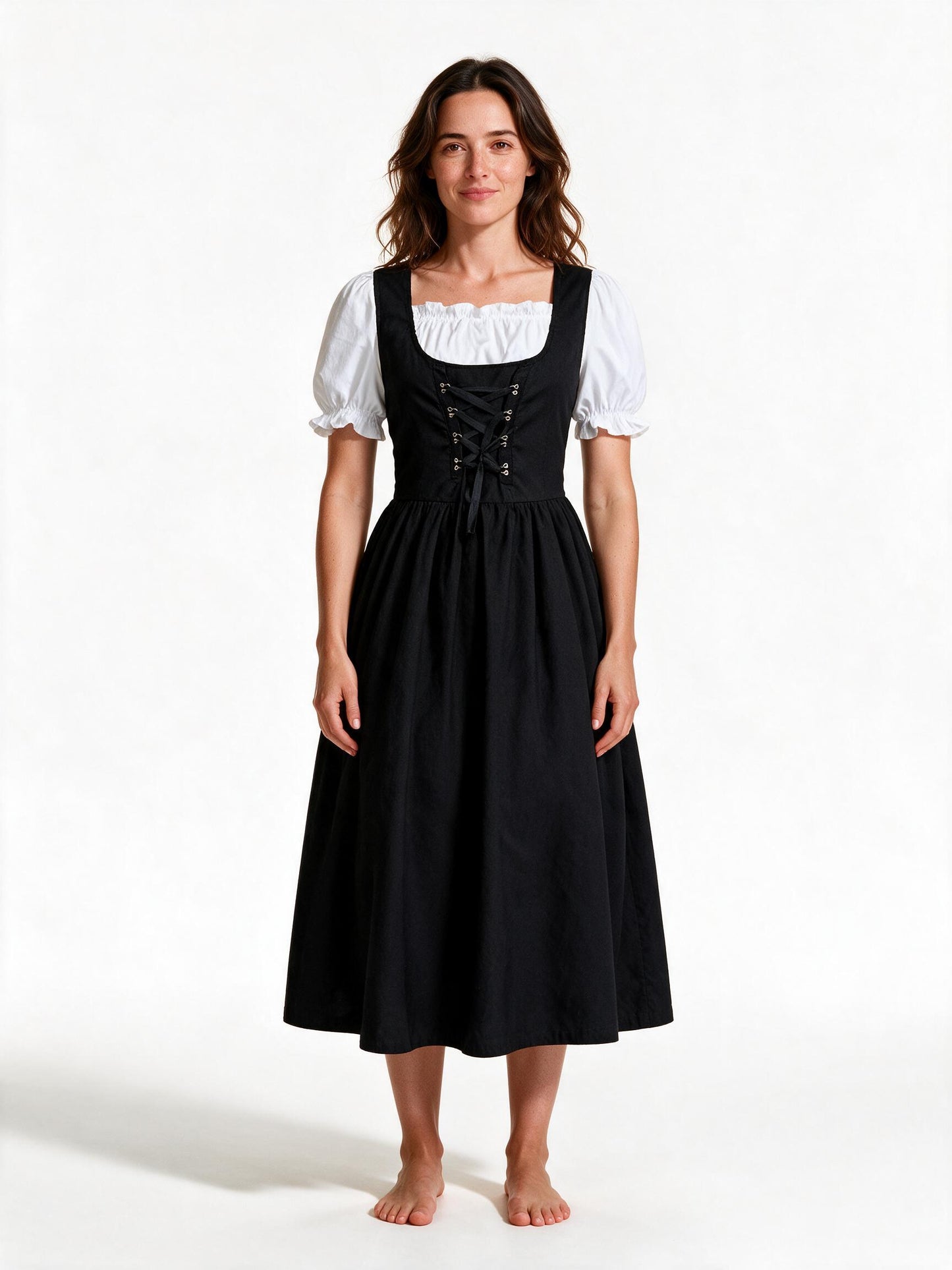 Black corset-laced Bavarian maid dress with white puff sleeve blouse, front view