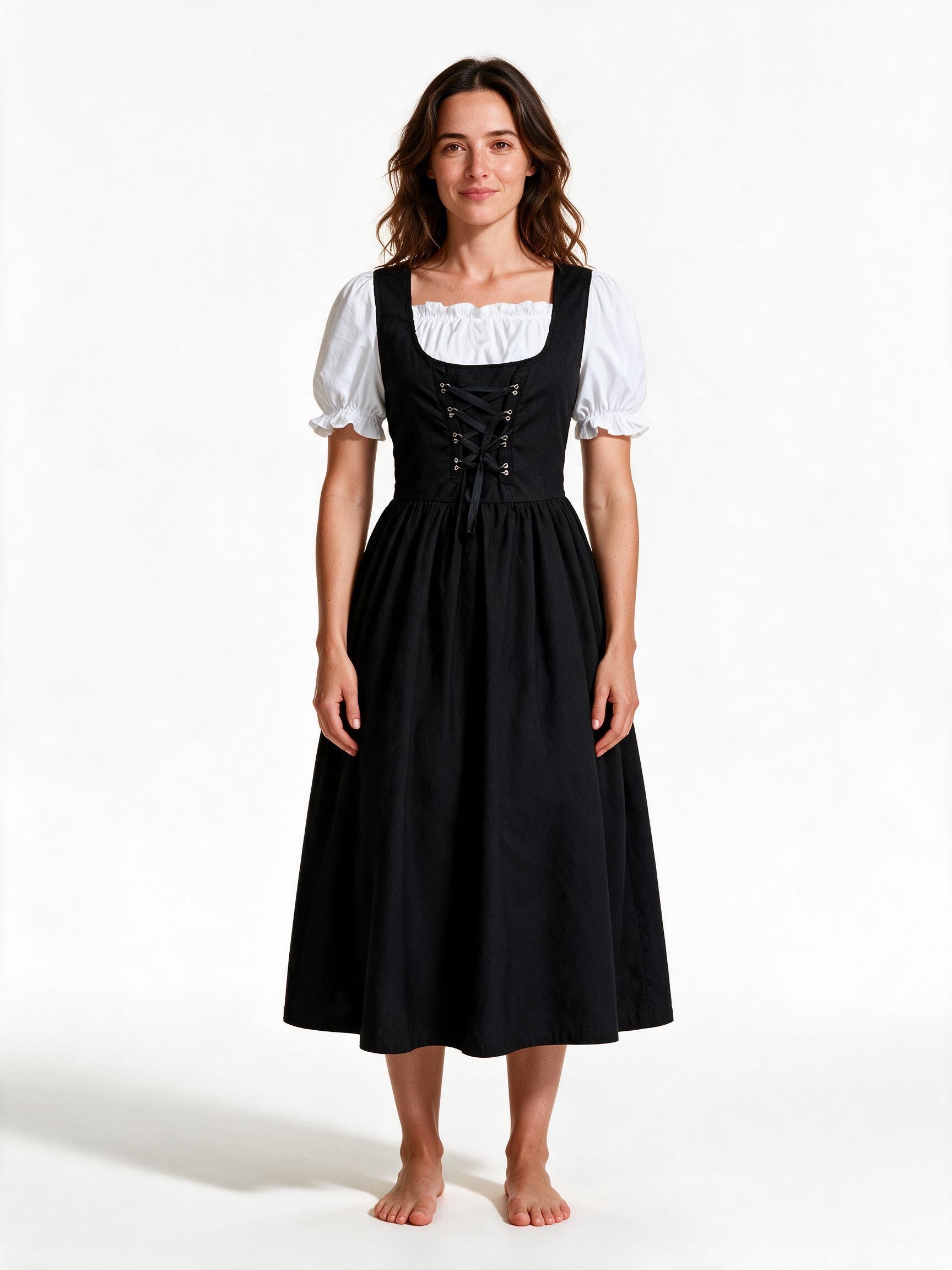 Black corset-laced Bavarian maid dress with white puff sleeve blouse, front view