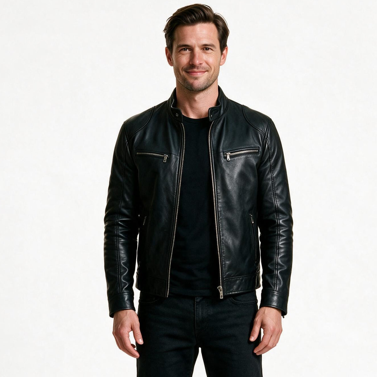 Men's black leather café racer motorcycle jacket with stand collar and zip pockets, front view