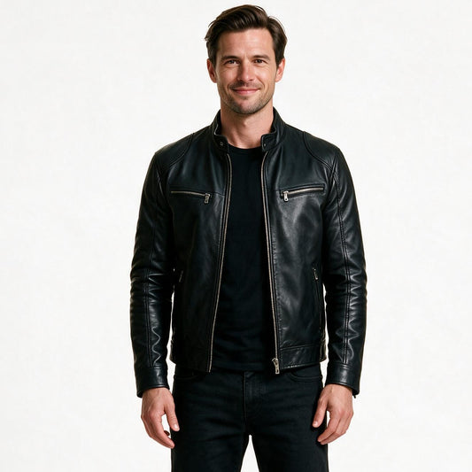 Men's black leather café racer motorcycle jacket with stand collar and zip pockets, front view