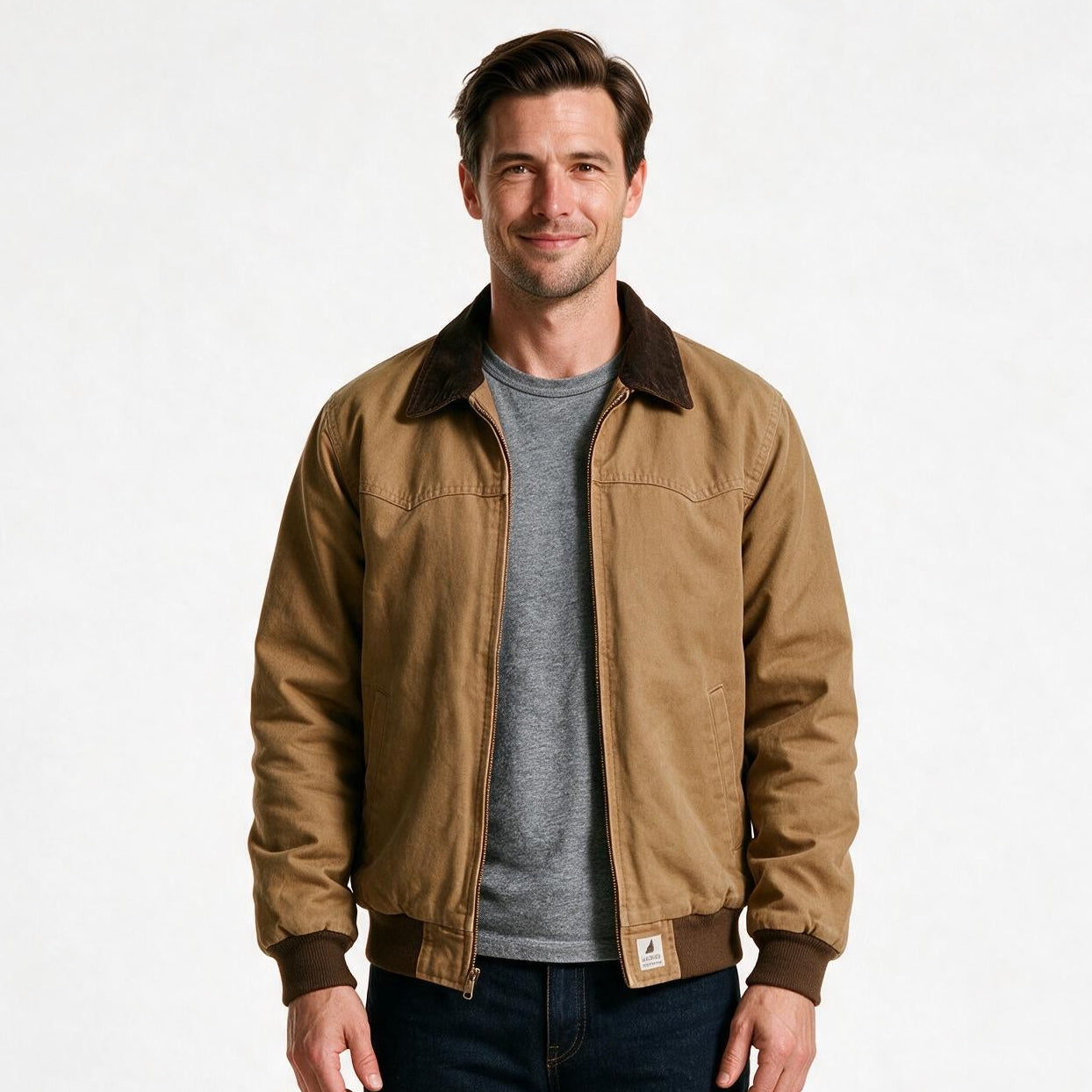 Men's khaki cotton canvas work jacket with brown corduroy collar and ribbed cuffs, front view