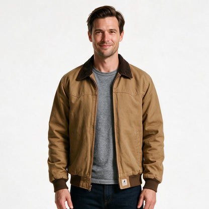 Men's khaki cotton canvas work jacket with brown corduroy collar and ribbed cuffs, front view