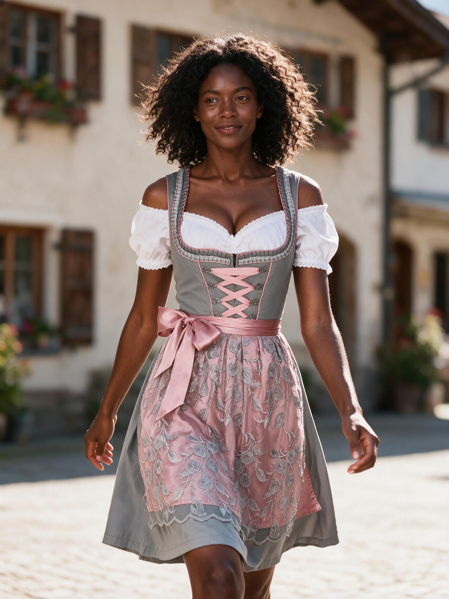 Woman walking a Bavarian village square in the grey rose dirndl set