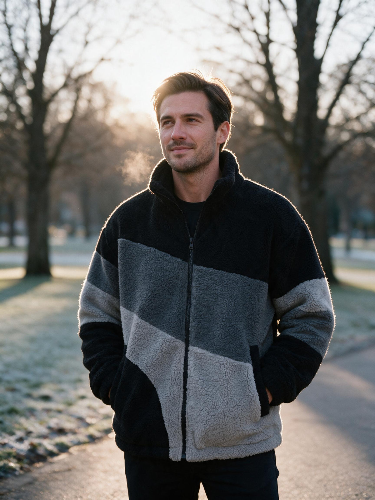 Man wearing the black and grey sherpa fleece jacket in a winter park