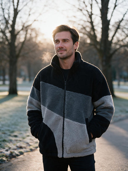 Man wearing the black and grey sherpa fleece jacket in a winter park