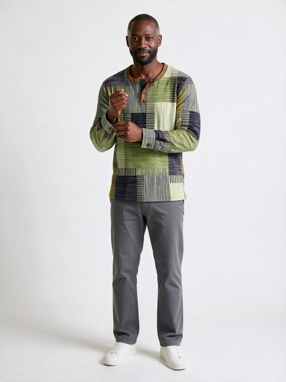 Henrik patchwork print henley in olive and sage green with charcoal blocks - front view