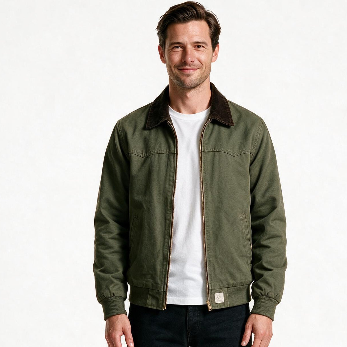 Men's cotton canvas work jacket in olive green with brown corduroy collar, front view