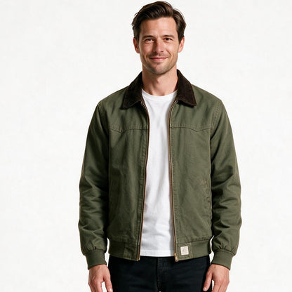 Men's cotton canvas work jacket in olive green with brown corduroy collar, front view