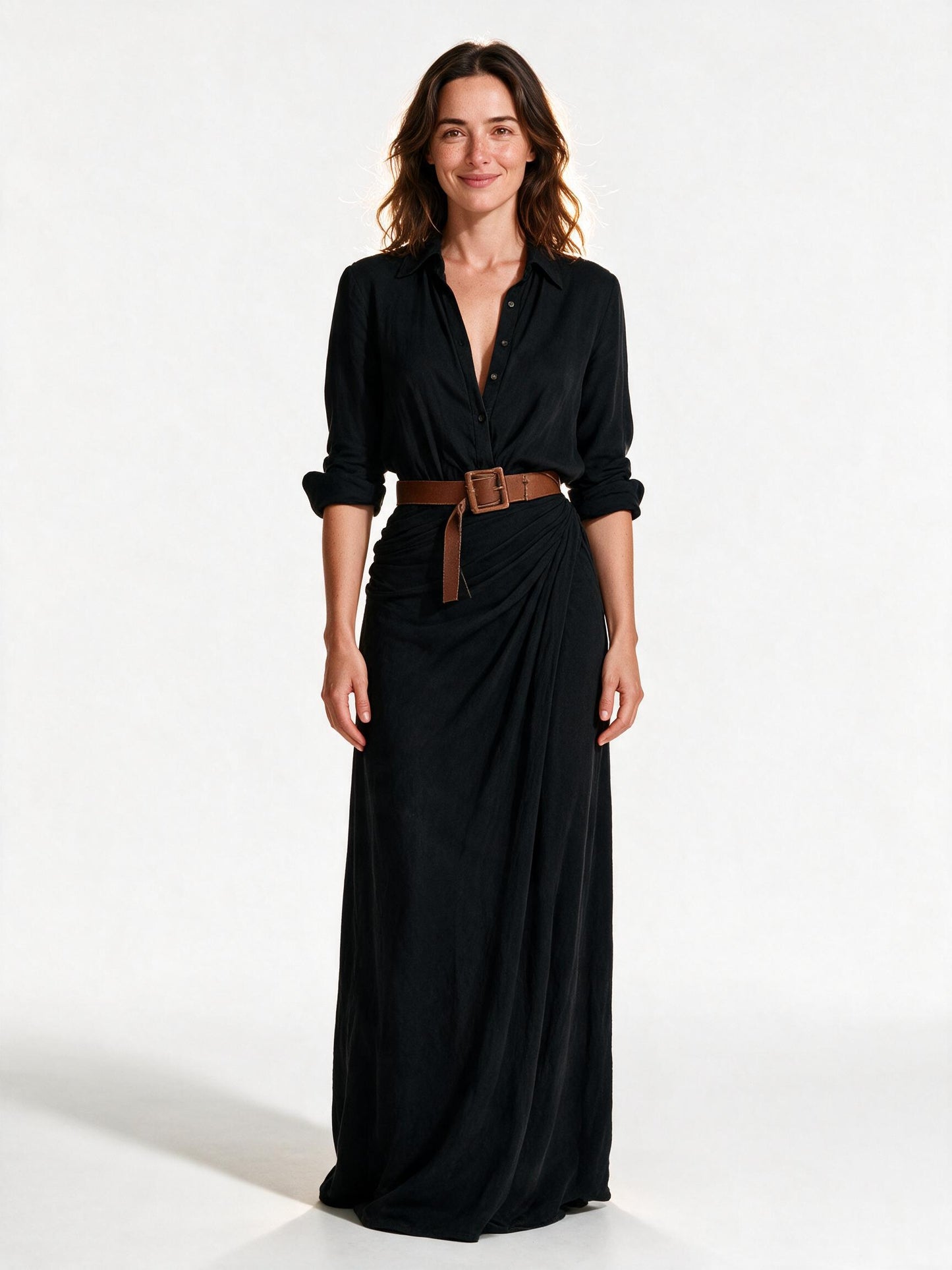 Vivienne belted collar maxi shirt dress in black, front view on a white studio background