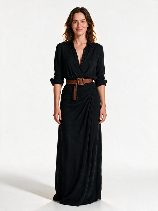 Vivienne belted collar maxi shirt dress in black, front view on a white studio background