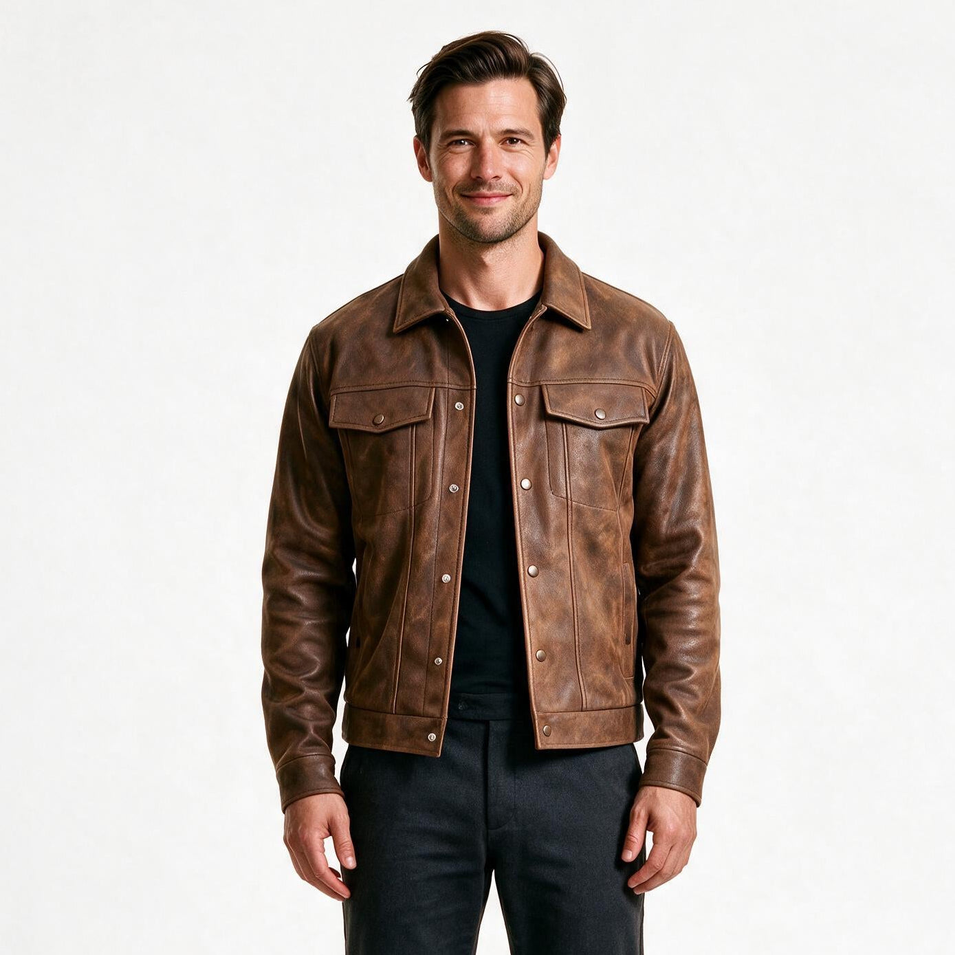 Men's brown distressed leather trucker jacket with snap front and flap chest pockets, front view