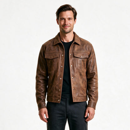 Men's brown distressed leather trucker jacket with snap front and flap chest pockets, front view