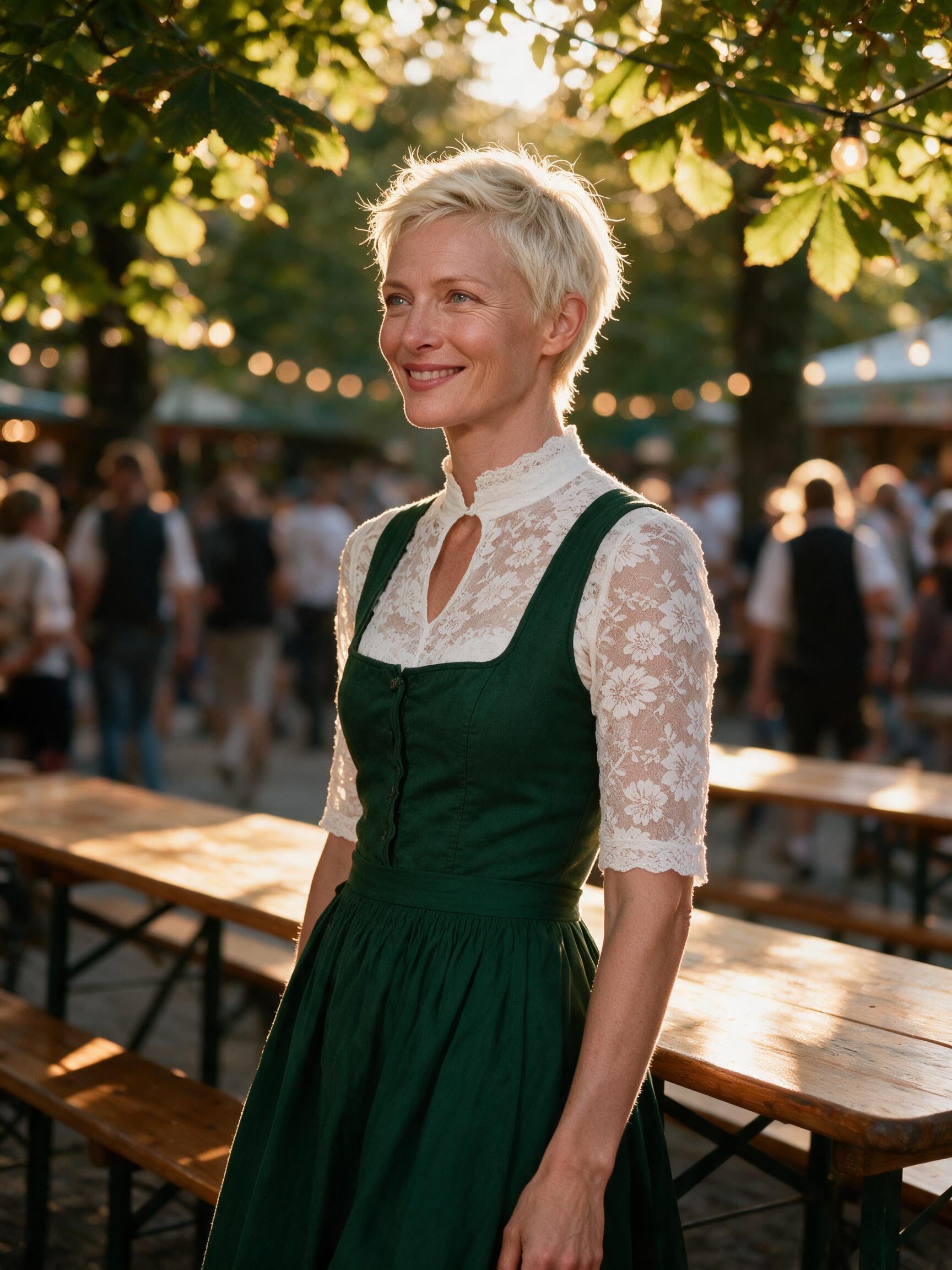 High neck lace blouse worn under a green dirndl in a beer garden