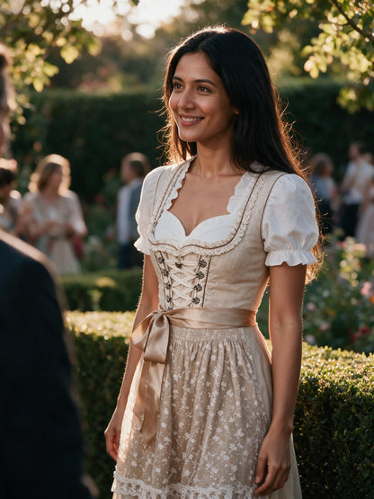 Woman in the champagne lace dirndl at an autumn garden party