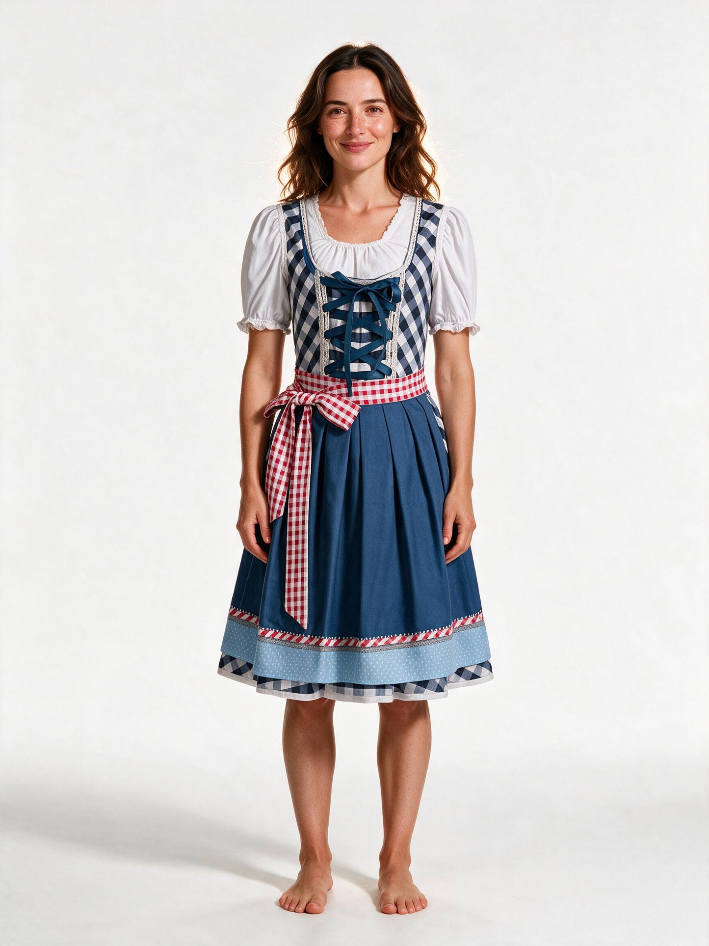 Blue plaid dirndl three piece set with white blouse and gingham apron, front view