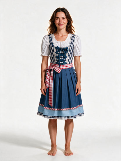 Blue plaid dirndl three piece set with white blouse and gingham apron, front view