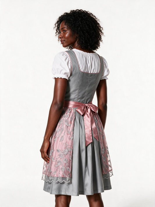 Grey rose dirndl set, back view showing the satin bow