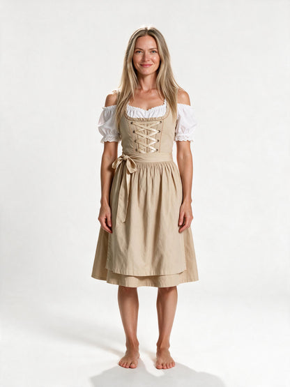 Square neck dirndl dress with apron in beige