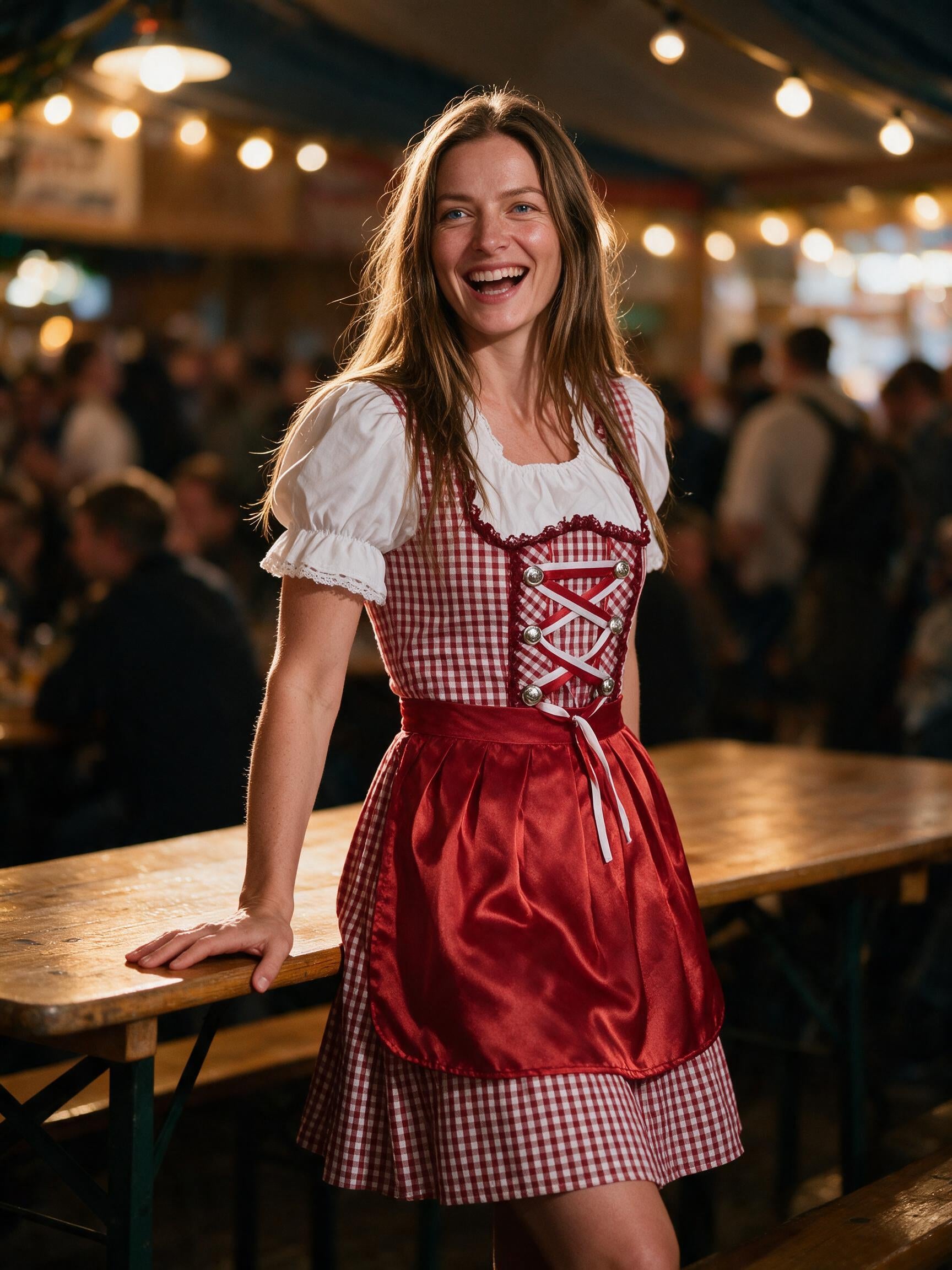 Woman wearing the red check dirndl in a Bavarian beer tent
