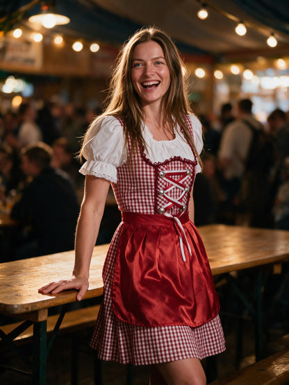 Woman wearing the red check dirndl in a Bavarian beer tent