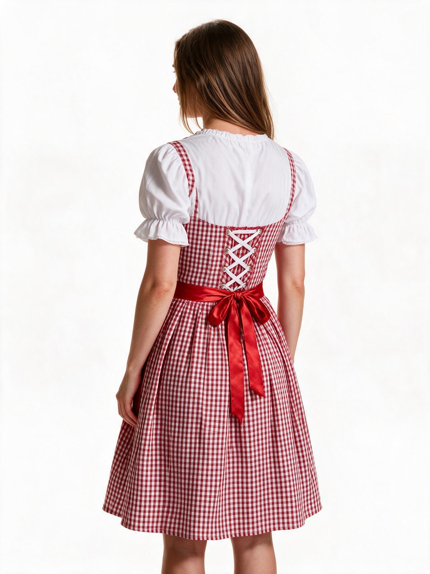 Red check dirndl, back view showing the satin bow and skirt