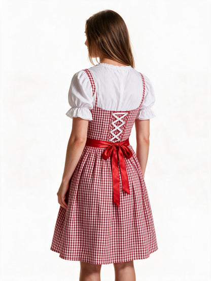 Red check dirndl, back view showing the satin bow and skirt