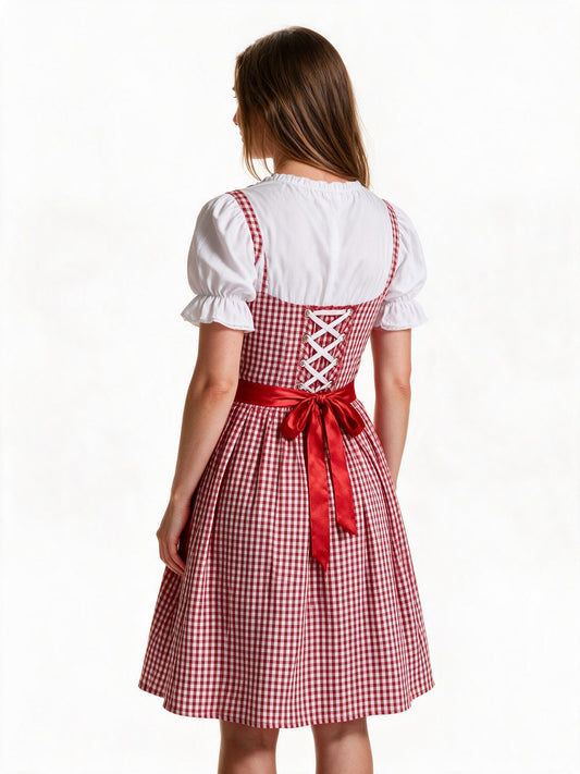 Red check dirndl, back view showing the satin bow and skirt