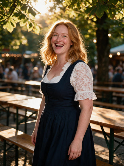 White lace dirndl blouse worn under a navy dirndl in a beer garden