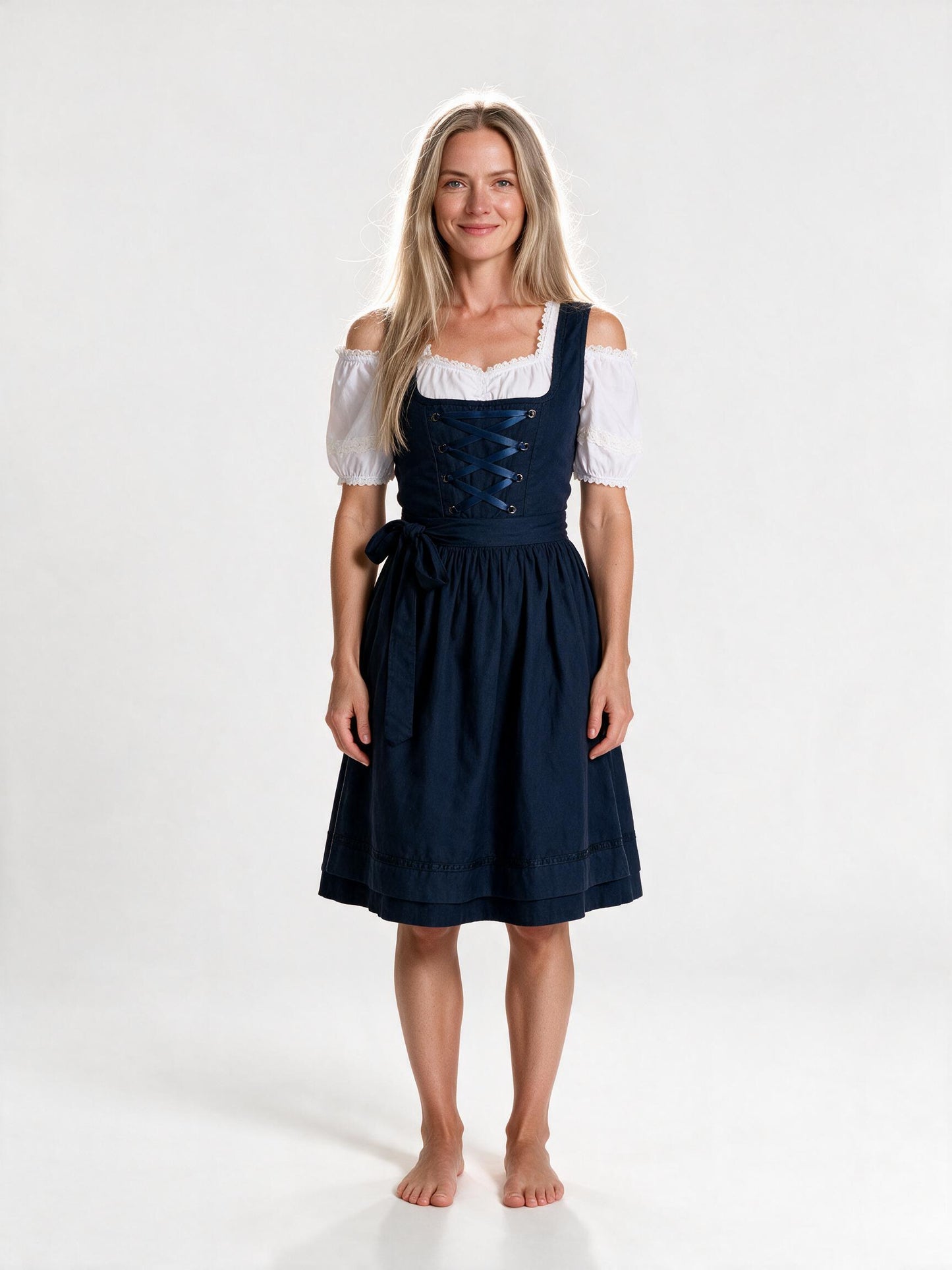 Square neck dirndl dress with apron in dark blue