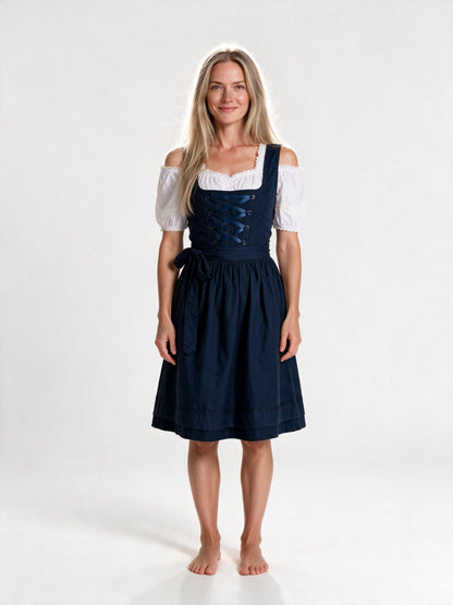 Square neck dirndl dress with apron in dark blue