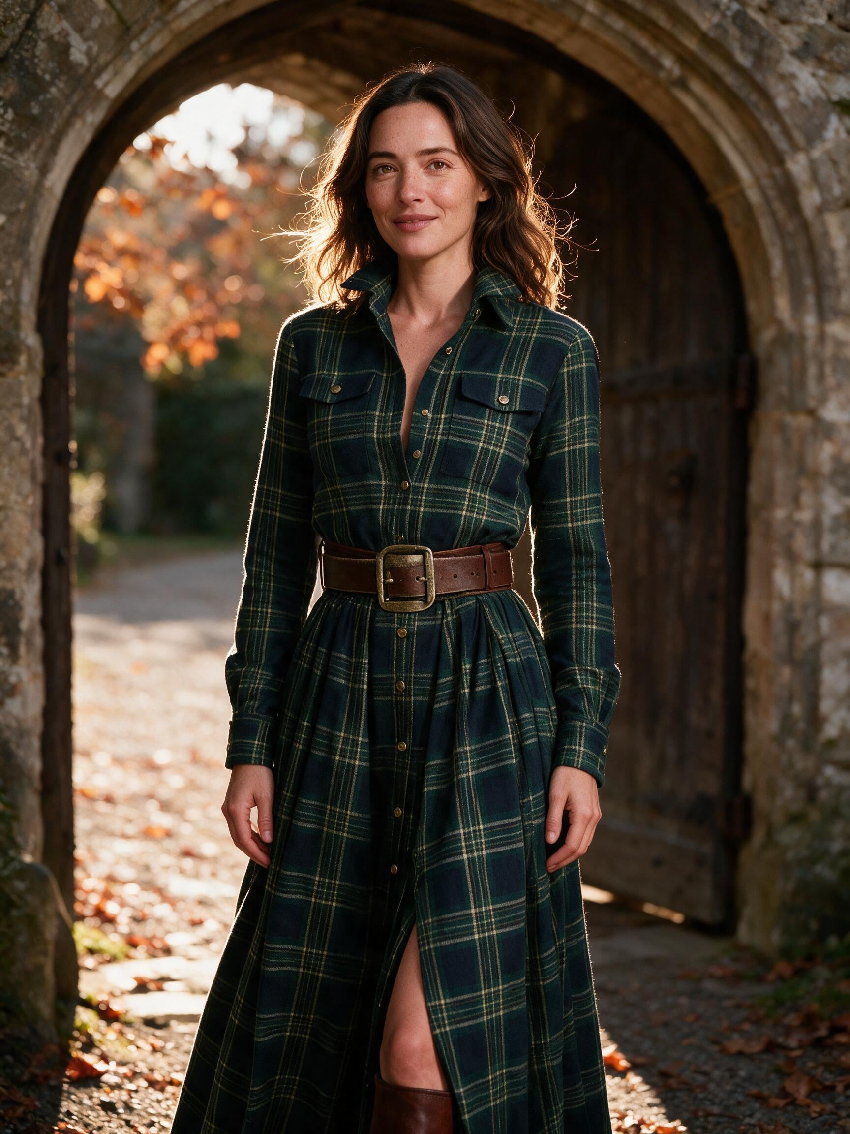 Woman wearing the green Marlowe tartan maxi dress in a stone manor doorway in autumn