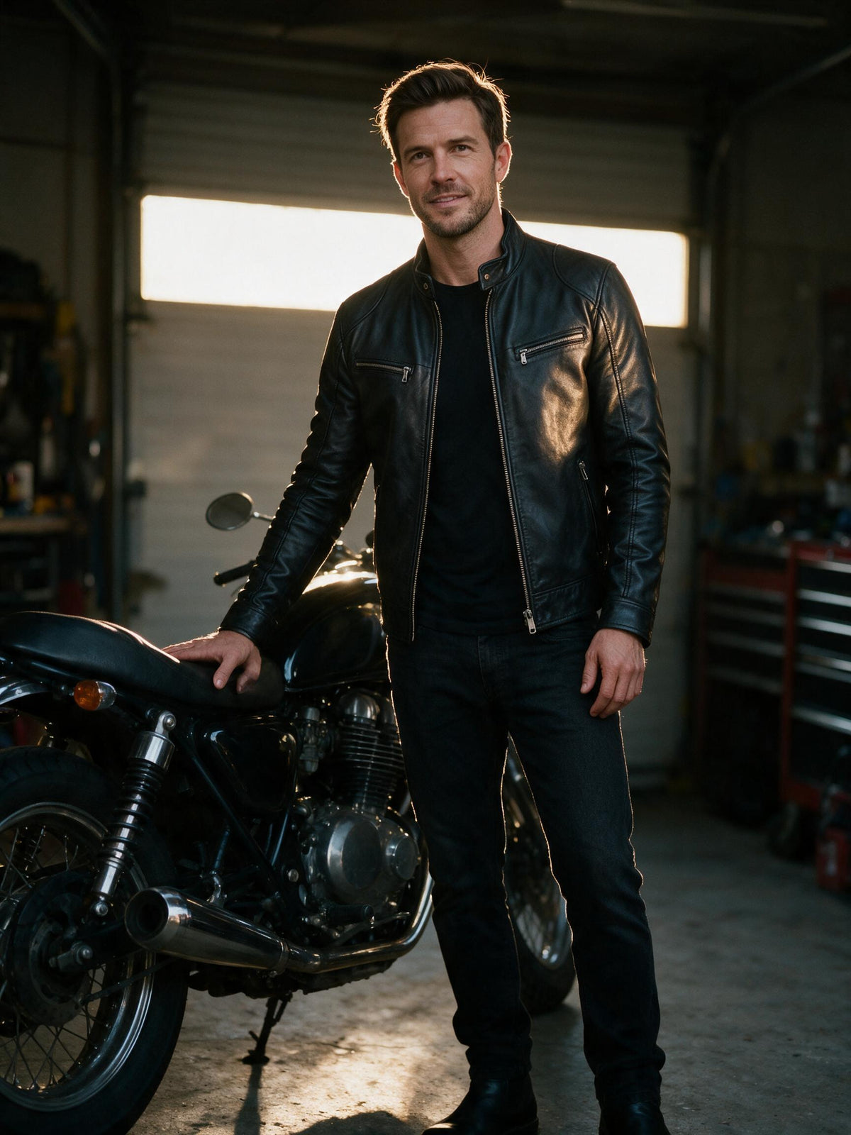 Man wearing the black motorcycle jacket in a garage beside a classic motorcycle