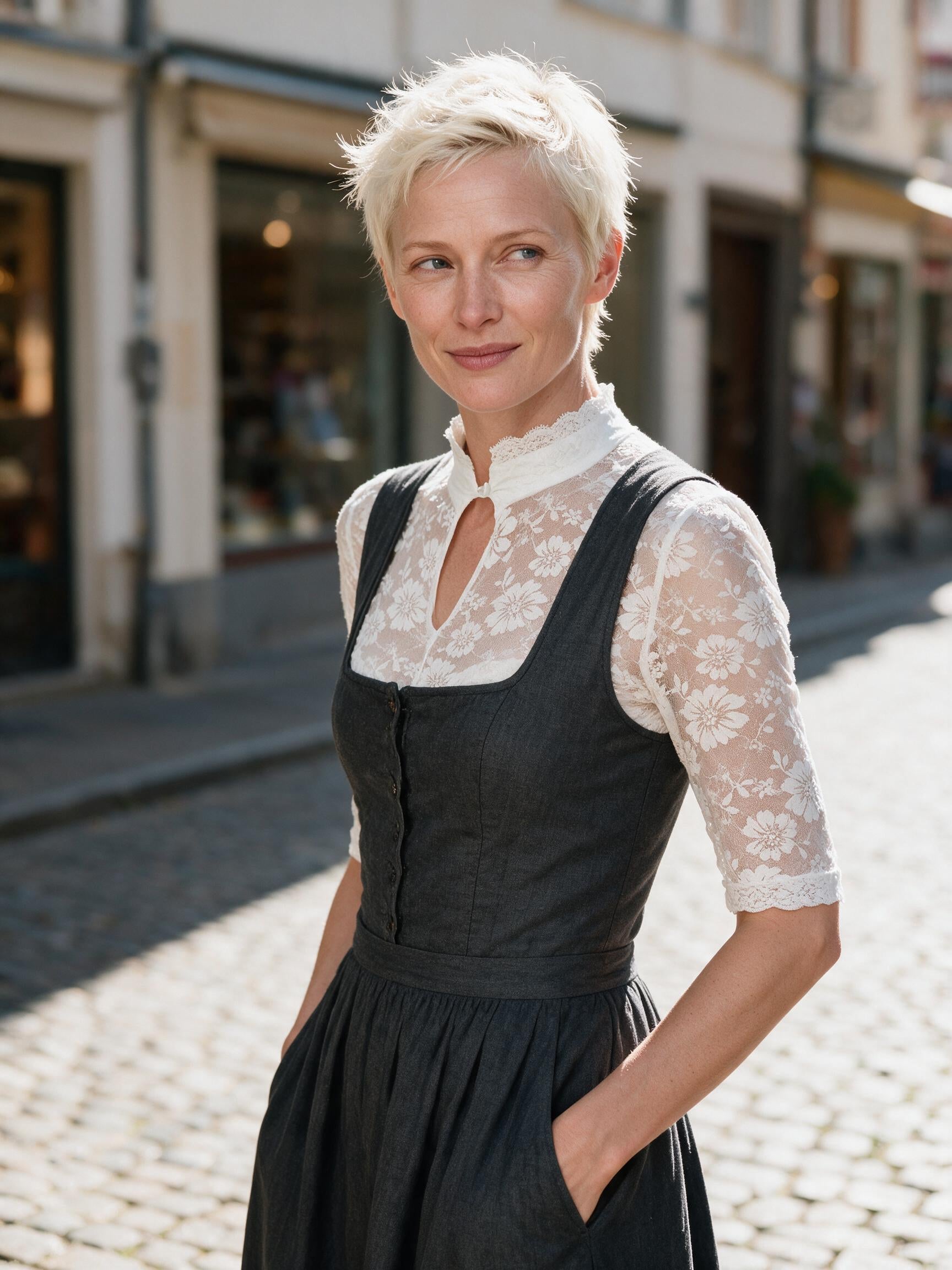 High neck lace blouse layered under a charcoal dirndl on an old-town street