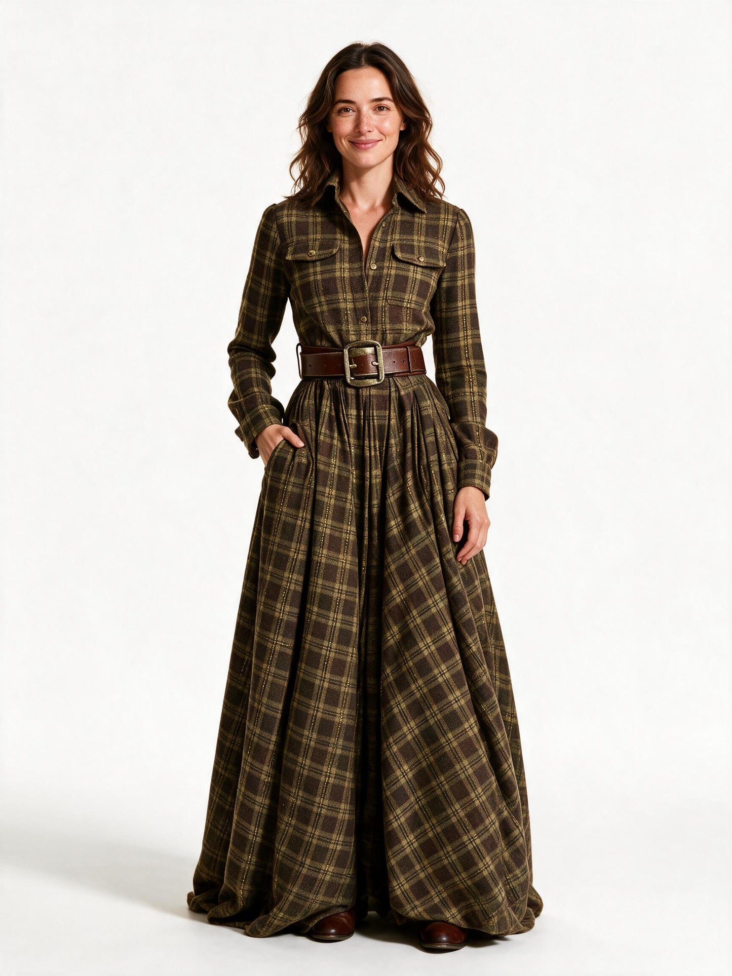 Marlowe belted tartan maxi dress in brown tartan, front view on a white studio background