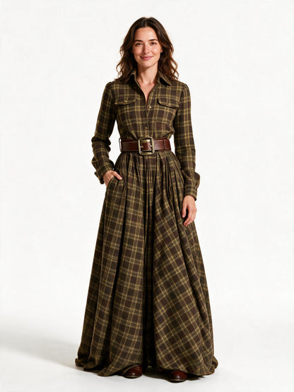 Marlowe belted tartan maxi dress in brown tartan, front view on a white studio background