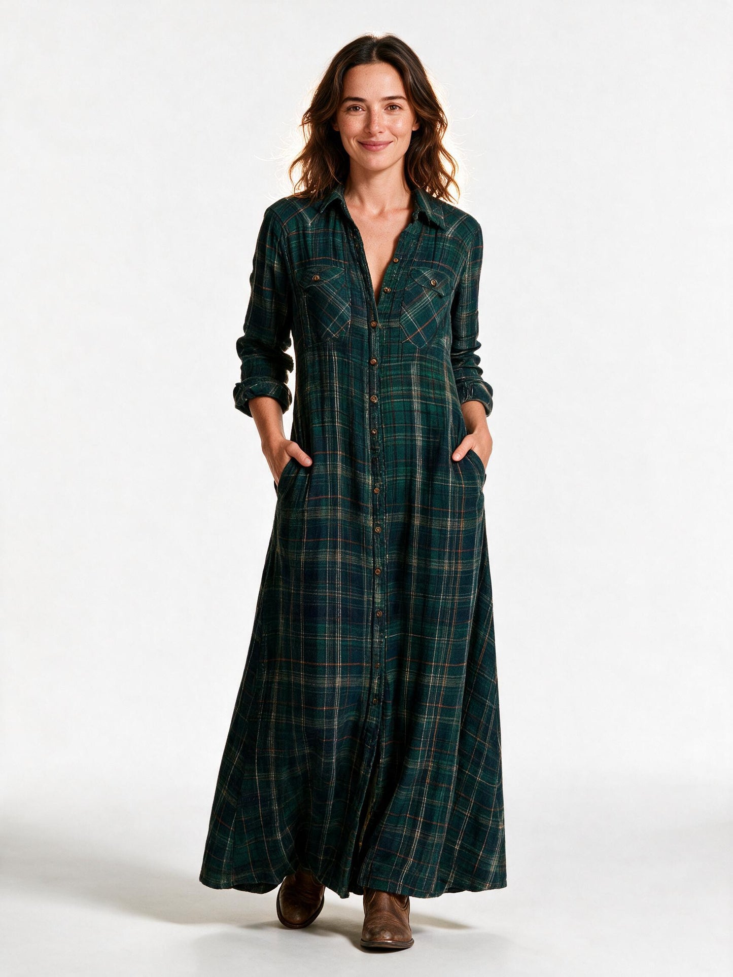 Tamsin plaid flannel maxi shirt dress in green plaid, front view on a white studio background