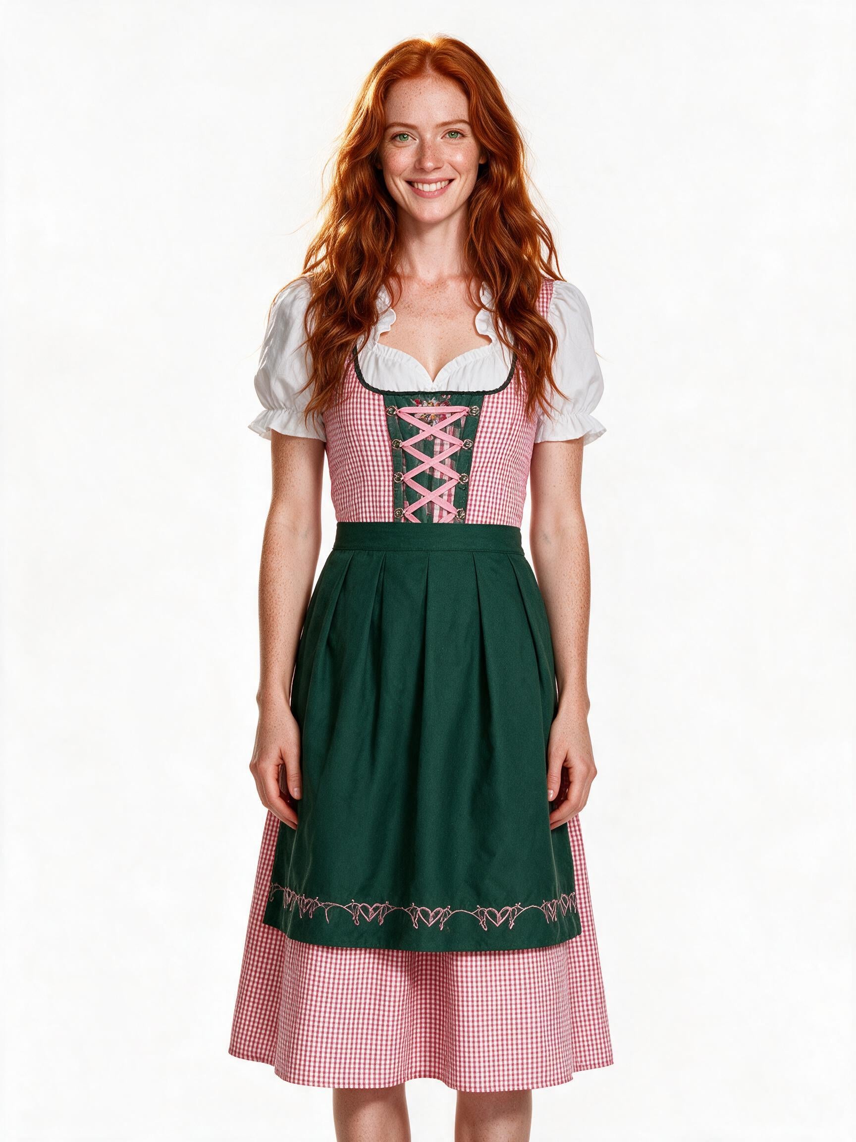 Pink check dirndl dress with green apron, front view