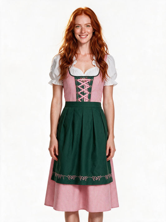 Pink check dirndl dress with green apron, front view