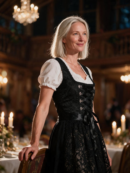 Woman in the black brocade dirndl at a candlelit Trachten ball
