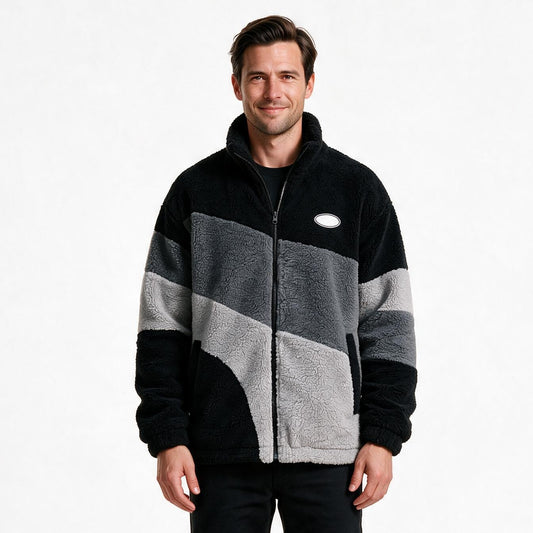 Men's oversized sherpa fleece jacket in black and grey colour-block, front view