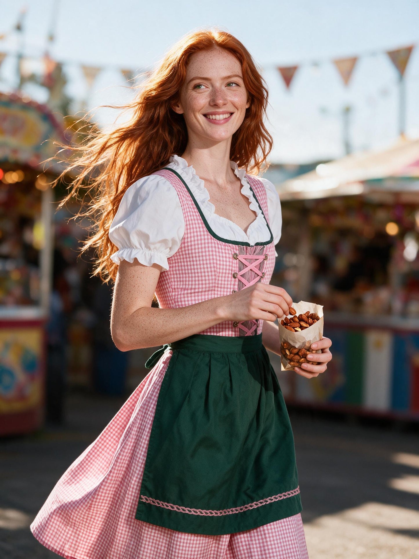 Woman in the pink check dirndl at a country funfair