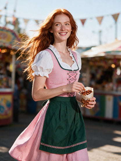Woman in the pink check dirndl at a country funfair