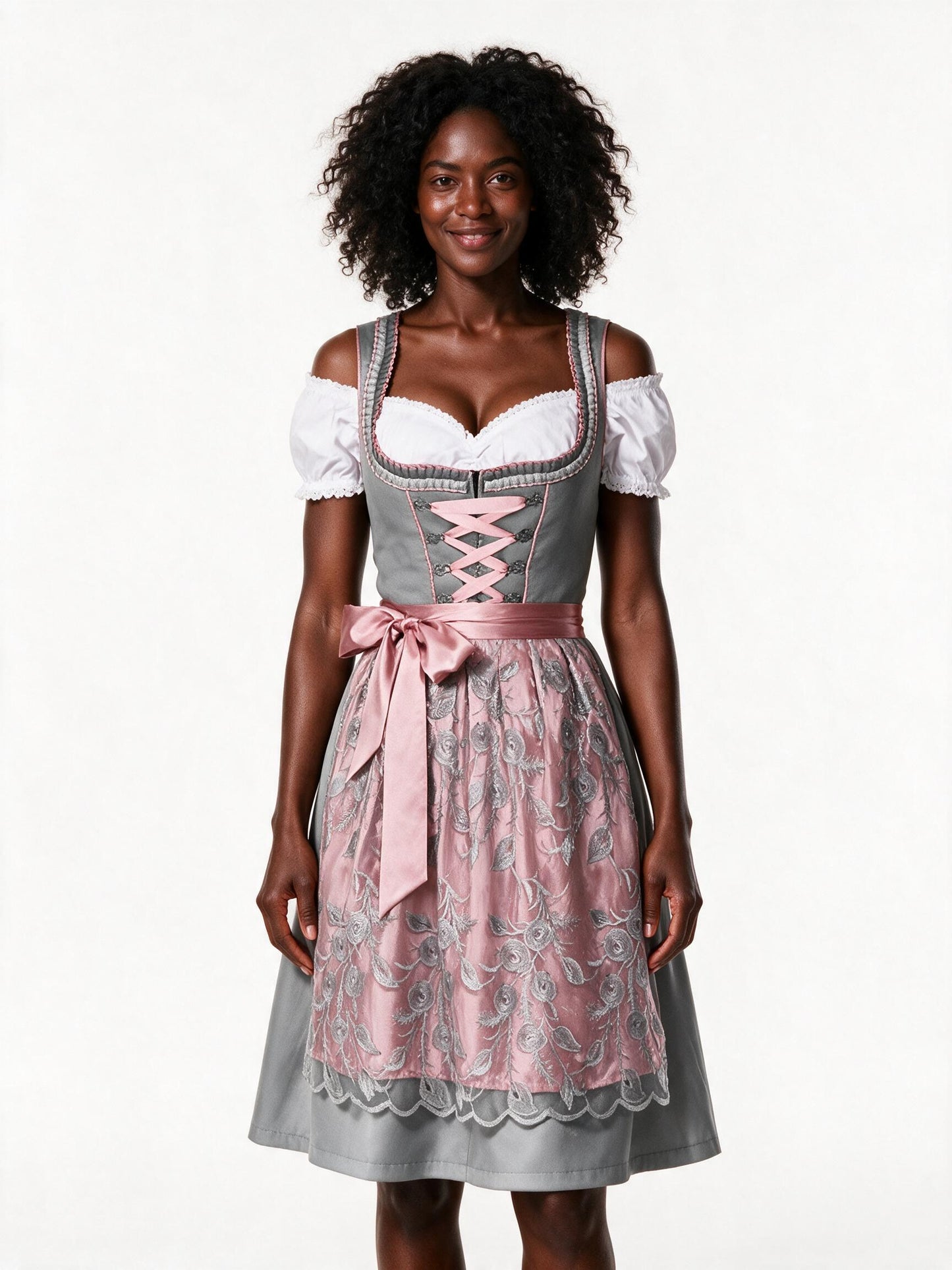 Grey and dusty rose dirndl set with lace apron and blouse, front view