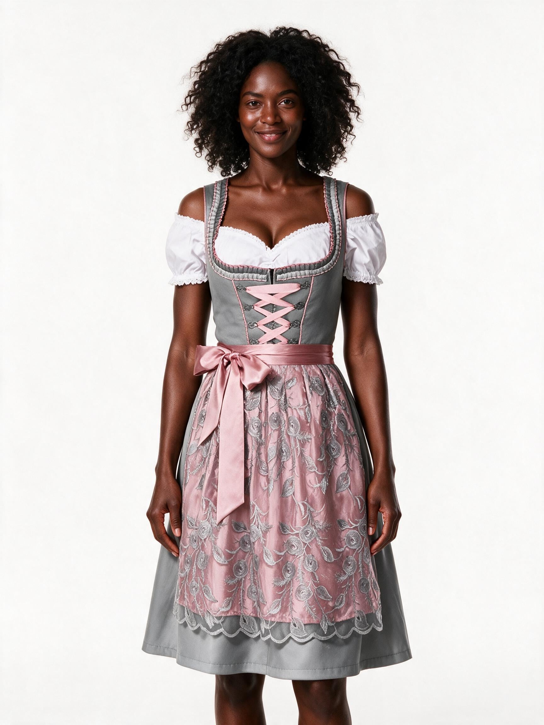 Grey and dusty rose dirndl set with lace apron and blouse, front view