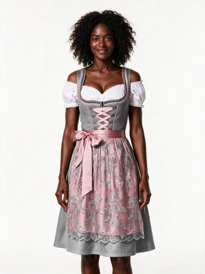 Grey and dusty rose dirndl set with lace apron and blouse, front view
