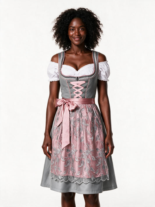 Grey and dusty rose dirndl set with lace apron and blouse, front view