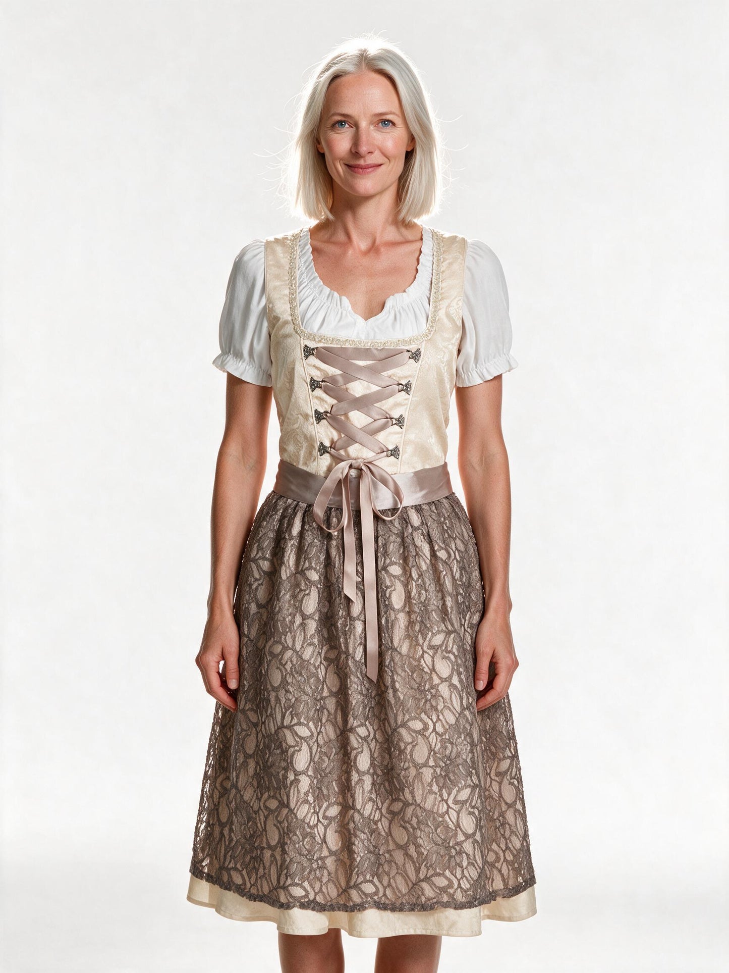 Champagne brocade dirndl set with lace apron and blouse