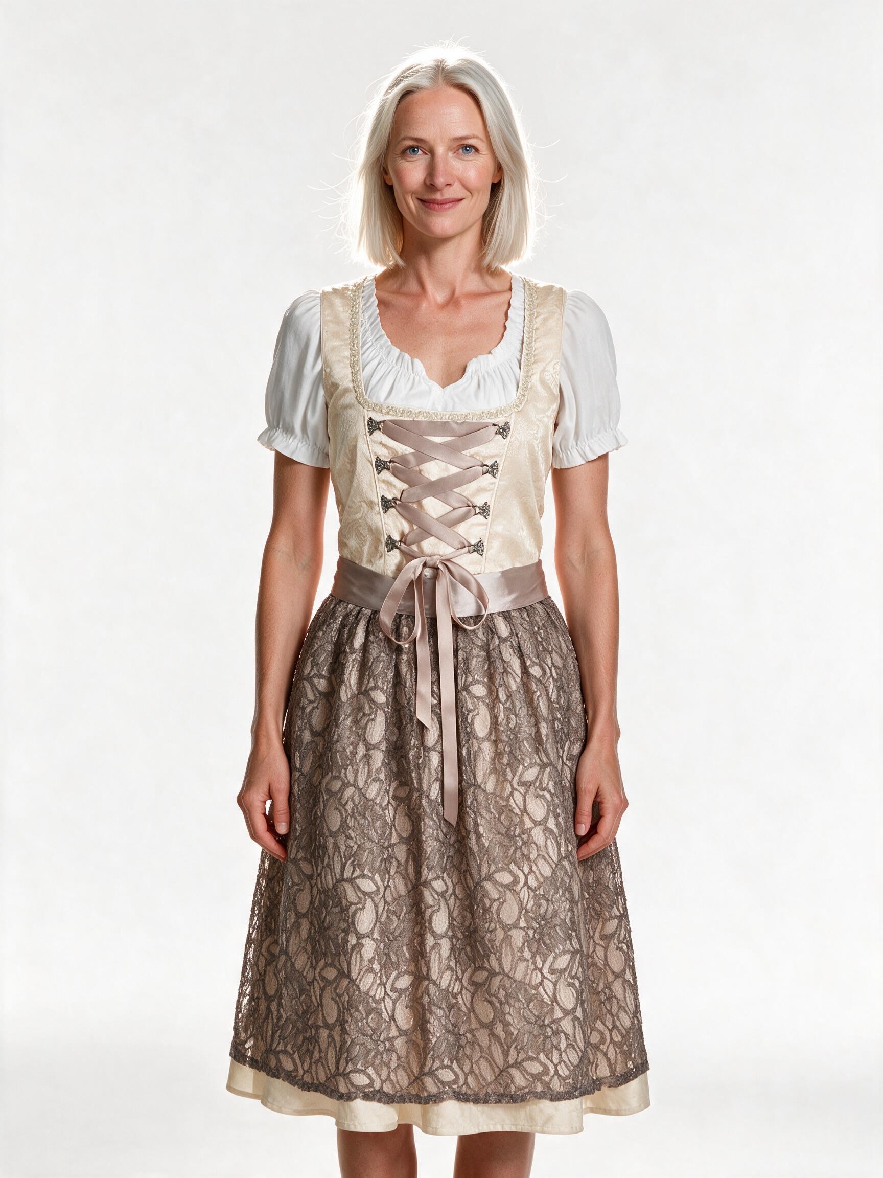Champagne brocade dirndl set with lace apron and blouse