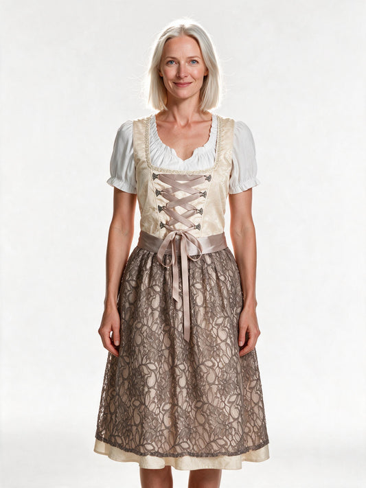 Champagne brocade dirndl set with lace apron and blouse